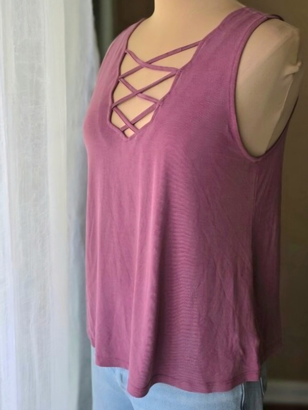 American Eagle Mauve Strappy Sueded Modal Tank Top Caged Neck Soft & Sexy M‎